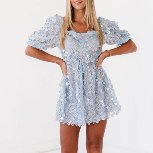 Buddy Love Light Blue 3D Floral Colby Sequin Babydoll Dress - Picture 5 of 16